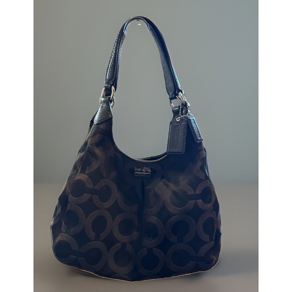 Coach Madison Op Art Maggie Shoulder Bag Black Red Interior 2 Tags